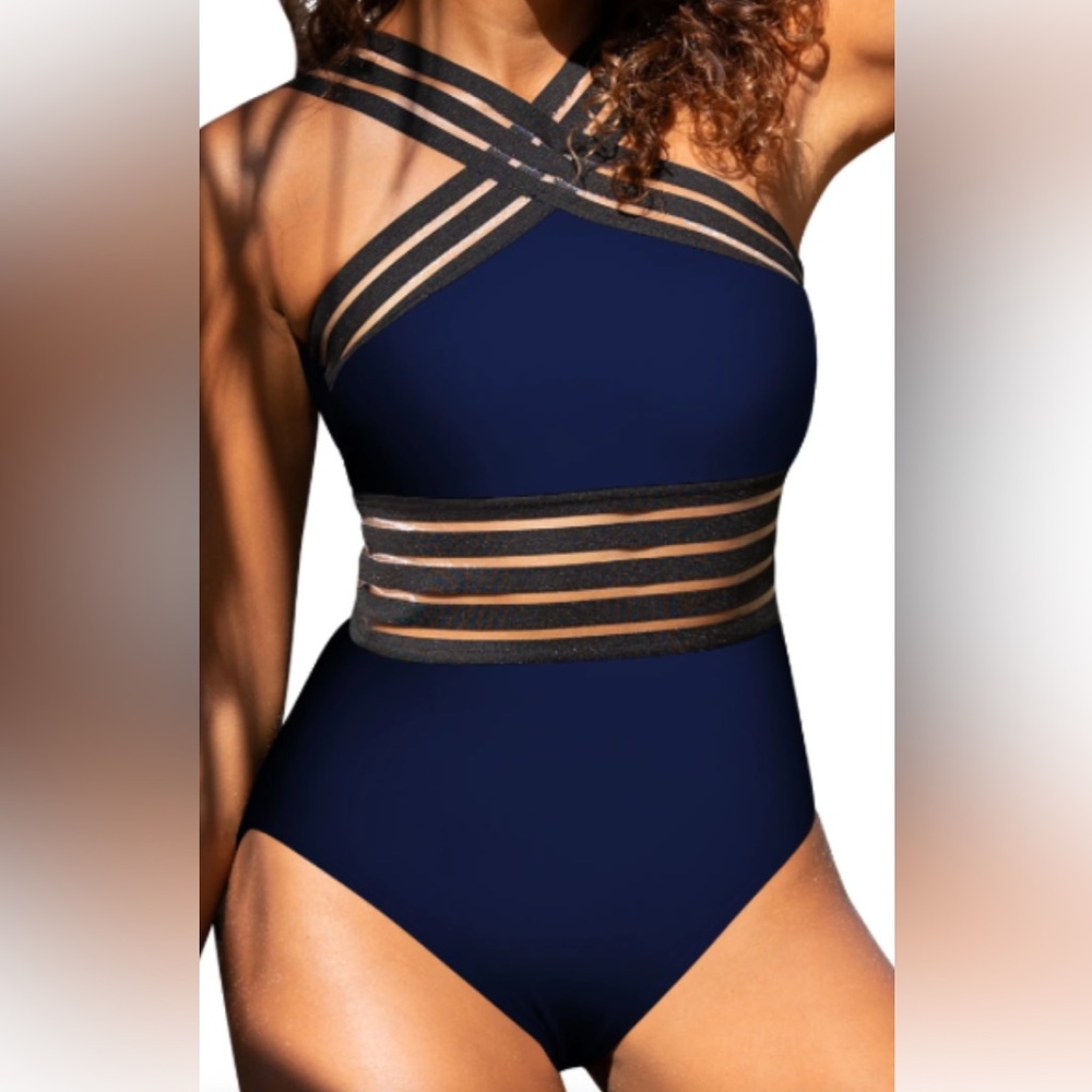 Kenneth Cole Navy mesh accent swimsuit sz M